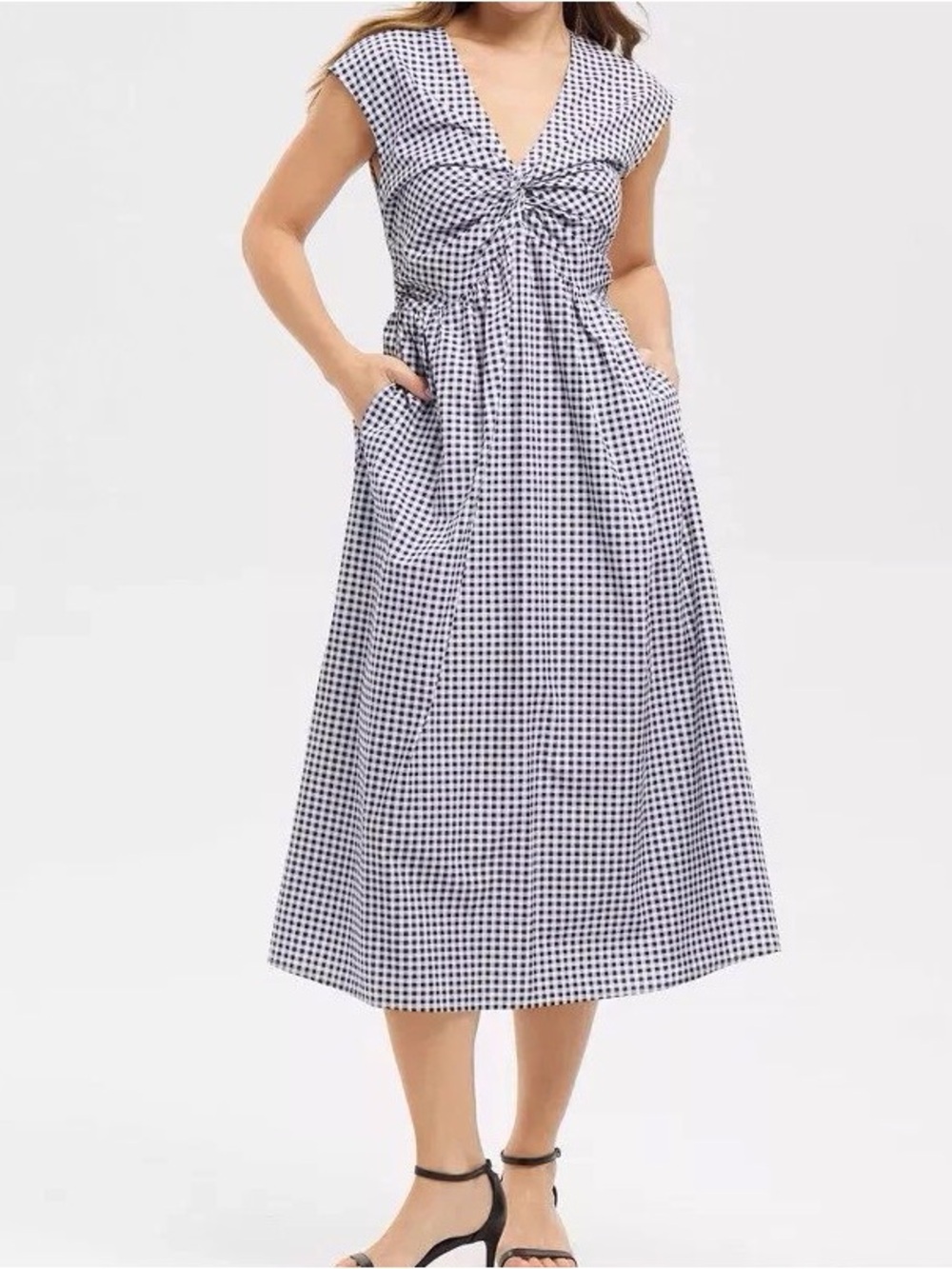 Cap-Sleeve Gingham Knot-Front Midi Dress in Navy and White